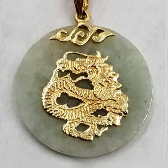 14K Yellow Gold Jade Dragon Pendant